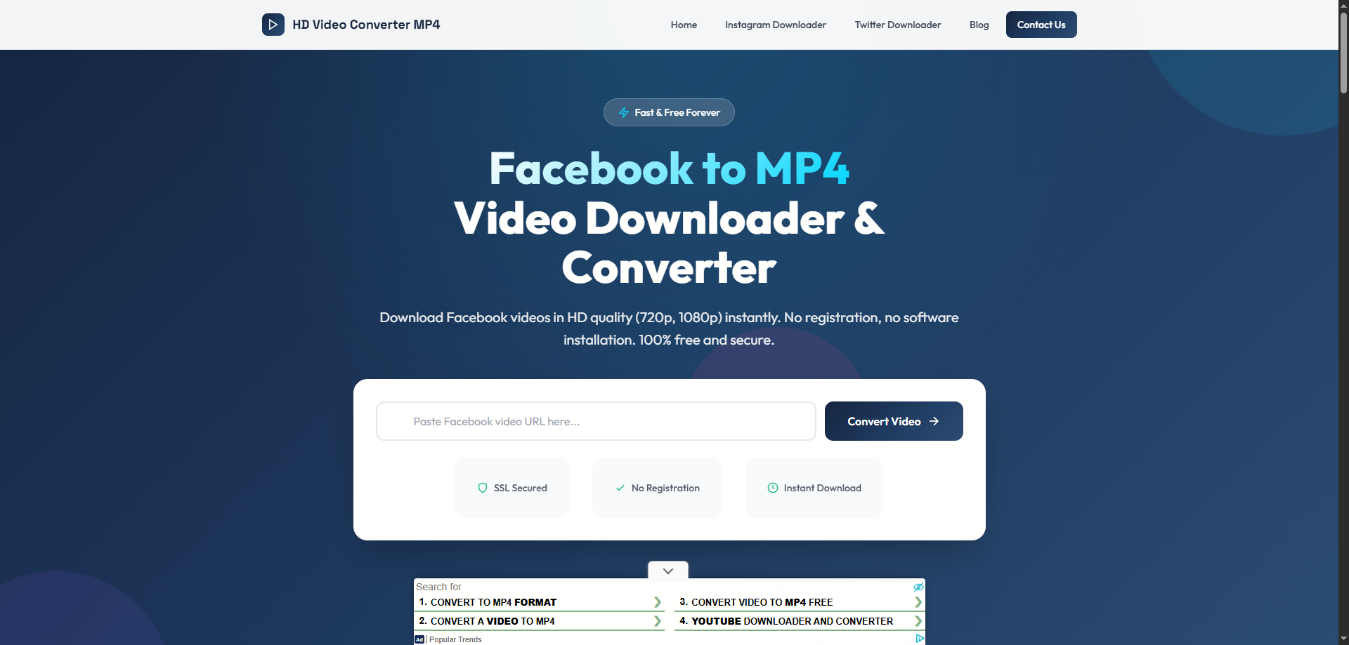 Video Converter MP4 Facebook downloader interface with HD quality selection 2026