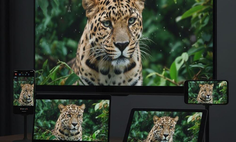 HD Video Download HD displayed on laptop, tablet and smartphone showing crystal clear quality