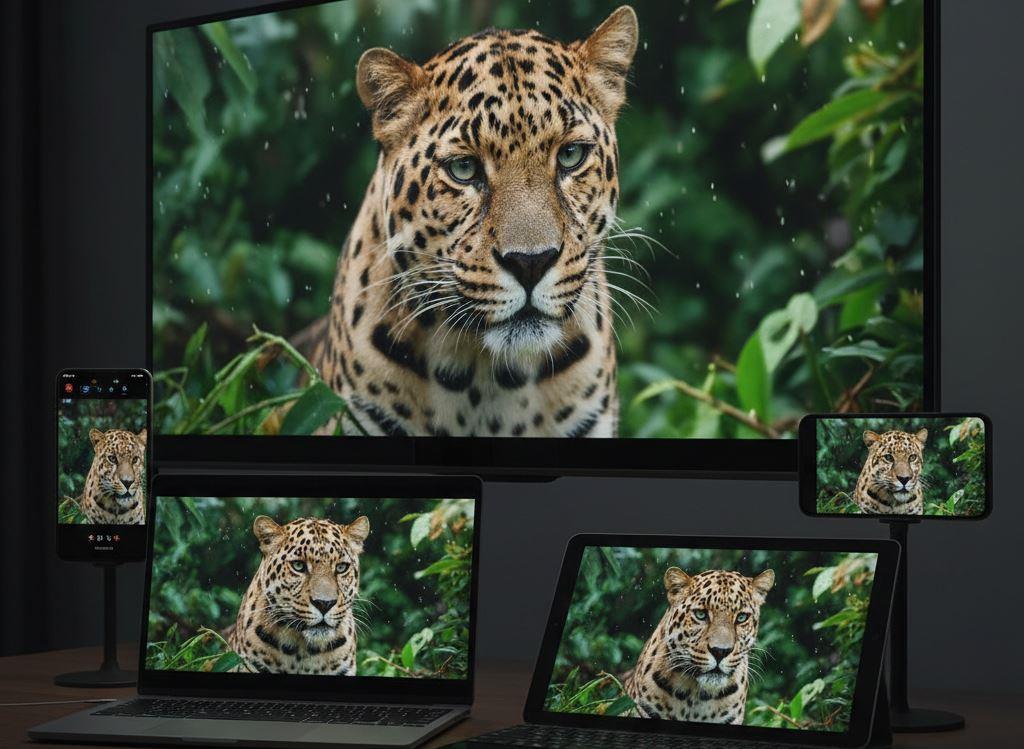 HD Video Download HD displayed on laptop, tablet and smartphone showing crystal clear quality